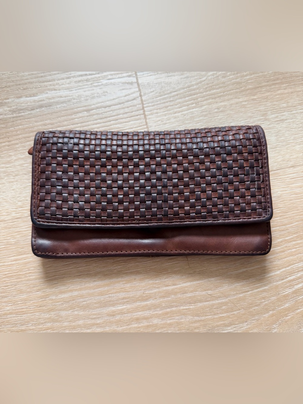 Harbour 2nd Shelly Woven Leather Wallet Clutch Cognac Snap Zip